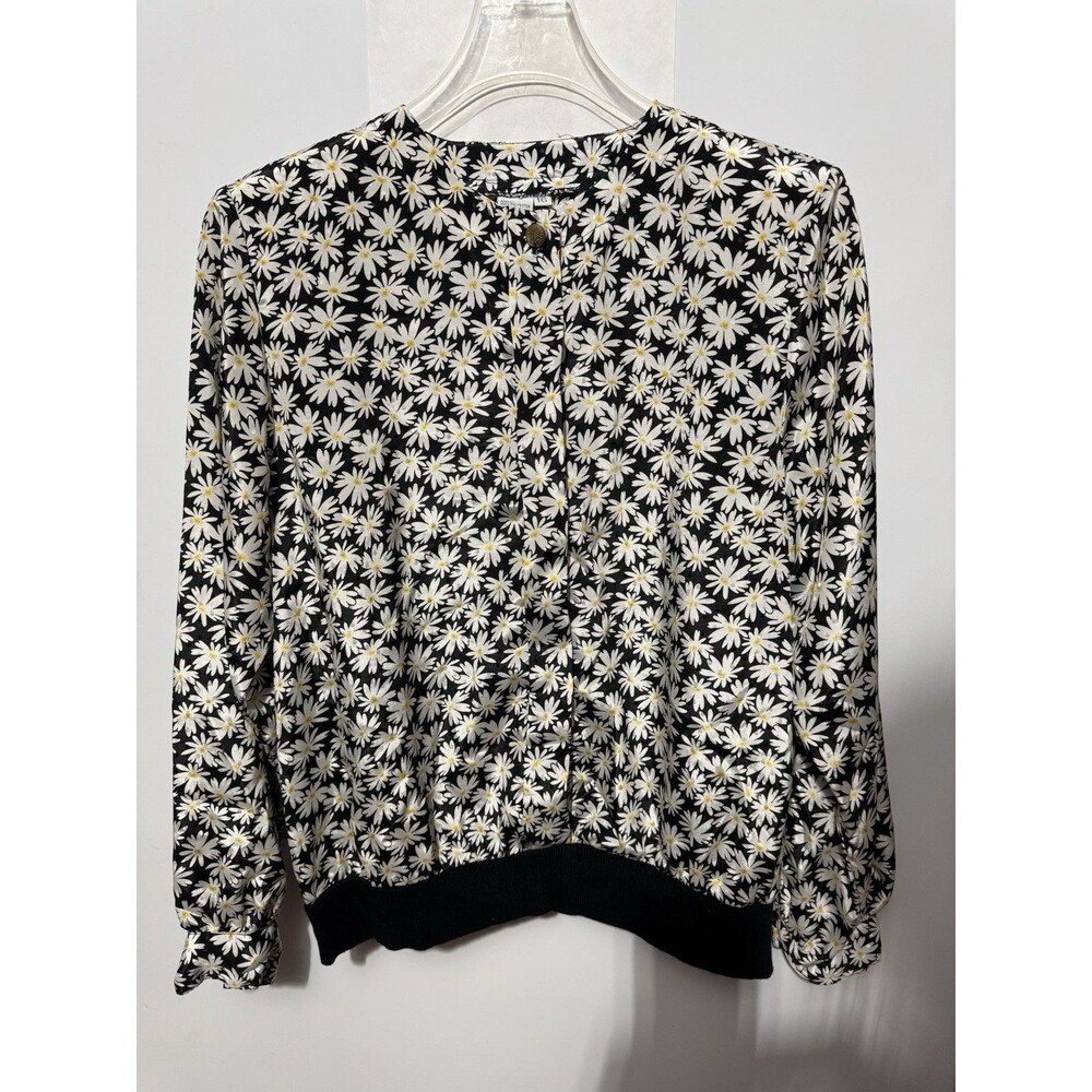 Vintage Black White Yellow Satin Shirt Size 16 Daisy Flower Button Front
